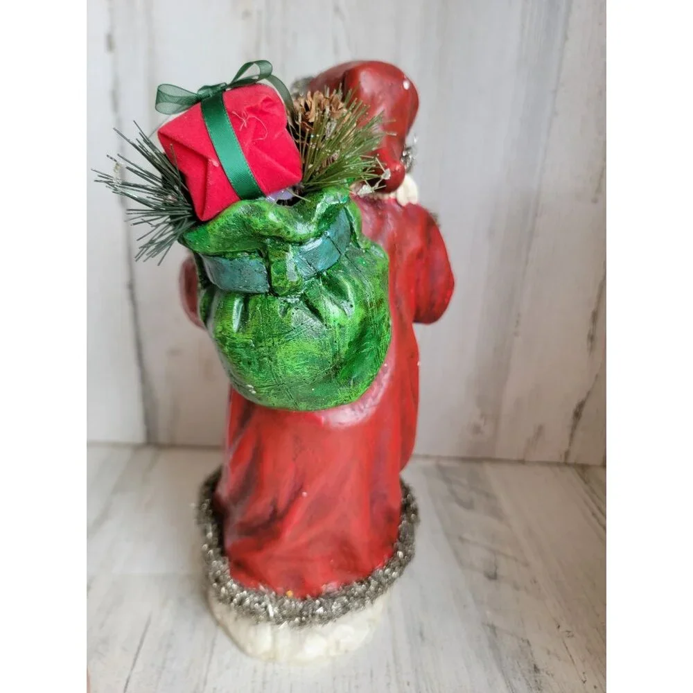 Vintage‎ santa claus tinsel robe basket xmas decor Woodland sack toy